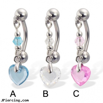 Reversed belly button ring with dangling heart-shaped stone, reversed navel piercing gallery, reversed celtic navel ring, team belly rings, piercing belly buttons, elvis presley belly button ring