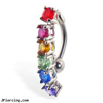 Reversed belly ring with dangling rainbow stones, reversed navel piercing gallery, reversed celtic navel ring, will belly button piercing close up after year, hello kitty belly button ring, disney belly button ring