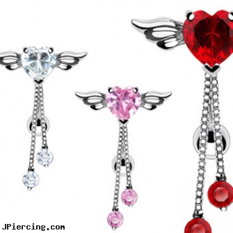 Reversed belly ring with heart with wings and dangles, reversed navel piercing gallery, reversed celtic navel ring, belly dancing jewelry, why cant use neosporin on my bellybutton piercing, long belly botton rings