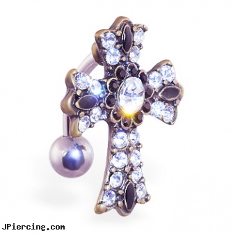 Reversed jeweled gothic cross, reversed celtic navel ring, reversed navel piercing gallery, jeweled navel slave rings, gold jeweled labret ring, jeweled labrets