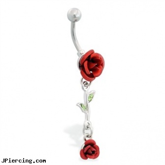 Rose belly button ring with dangling rose vine, rose belly jewelry, rose belly button rings, ferrarri belly button rings, web site on belly rings, halloween belly rings