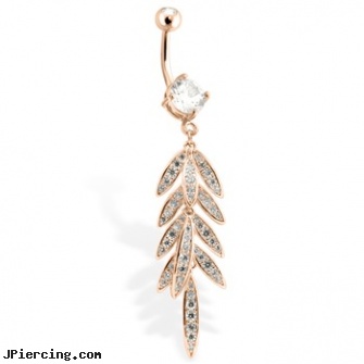 Rose Gold Toned Belly Ring With CZ Gem Paved Leaf, rose belly jewelry, rose belly button rings, gold shackle body jewelry, gold belly button rings on discount, 18k 14k gold horseshoe body jewelry
