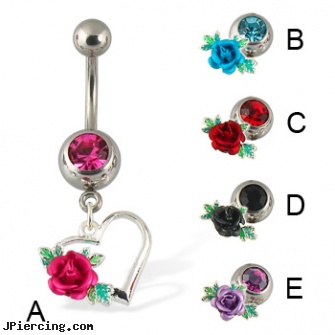 Rose on heart belly button ring, rose belly button rings, rose belly jewelry, steel my heart jewlry, pink heart belly ring, heart tattoos