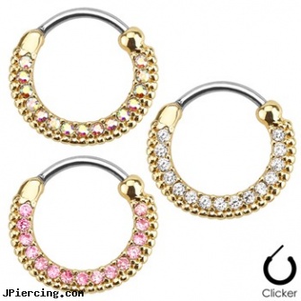 Round Paved Gems Gold Tone Surgical Steel Septum Clicker, ring around the penis, swollen ring around penis cock, dry skin around navel peircing, gems, gems studs