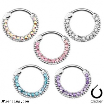 Round Paved Gems Surgical Steel Septum Clicker, ring around the penis, dry skin around navel peircing, medical diagnosis swollen ring around penis cock, gems, square gemstone belly button ring