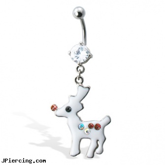 Rudolph Christmas Belly Button Ring, christmas body jewelry, christmas belly rings, christmas belly navel rings, belly button piercing pictures, dangling belly rings