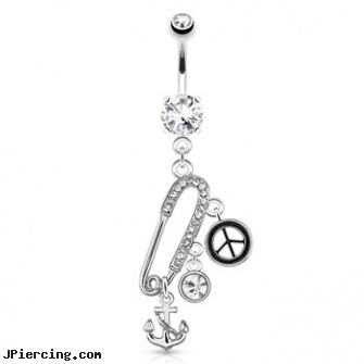 Safety Pin with Paved Gems And Anchor, Peace, CZ Charms Surgical Steel Navel Ring, body piercing safety, body peircing safety, tattoos and piercings and body art and safety, gems studs, gemstone belly button barbells