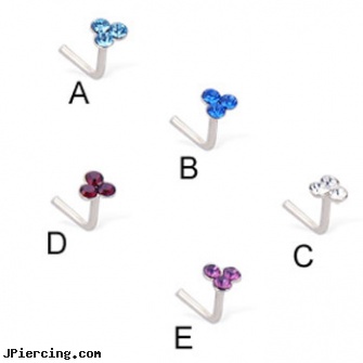 Silver L-shaped small  clover nose pin with gems, 20 ga, silver belly button rings, adjustable silver cock ring, sterling silver navel jewelry, shaped nose studs, l-shaped nose jewelry