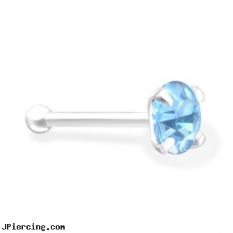 Silver Nose Bone with 2mm Aquamarine  CZ, silver nose rings, silver moon body jewelry, silver jewelry, nose piercing tips, real gold nose rings from india