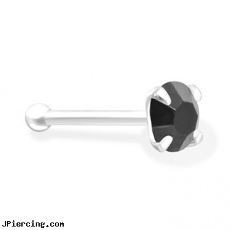 Silver Nose Bone with 2mm Black  CZ, silver non piercing jewelry, silver nipple ring, silver nose rings, nose rings from india, removing nose ring
