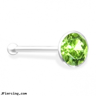 Silver Nose Bone with Peridot Gem, sterling silver naval rings, silver cock rings, silver nose rings, 18ga l-shaped nose stud, fake nose studs