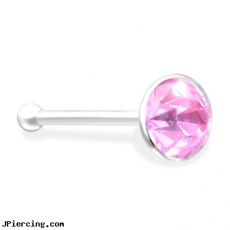 Silver Nose Bone with Pink Gem, cheerleader belly rings titanium or sterling silver, hot silver body jewelry, silver non piercing jewelry, nose jewellery, nostril piercing nose ring