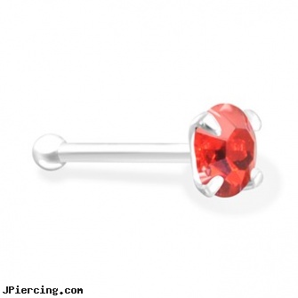 Silver Nose Bone with Red CZ, sterling silver jewellry, sterling silver nipple rings, silver belly button rings, straight pin nose rings, how to use the nose screw