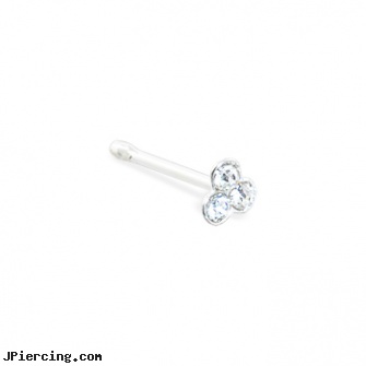 Silver nose bone with small clear clover with gems, 22 ga, silver jewelry, silver belly button rings, silver nipple rings, nose tongue rings, infected nose piercings