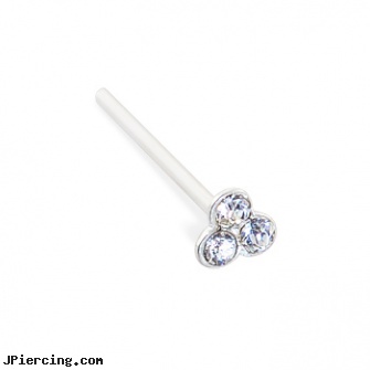 Silver nose stud with small clear jeweled clover and long tail for custom bend, 20 ga, sterling silver nose studs, nonpiercing silver body jewelery, hot silver body jewelry, diamond nose jewelry, traditional nose rings