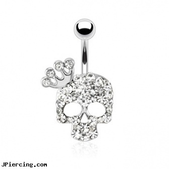 Skull with Paved Gem And Gemmed Four Point Crown Surgical Steel Navel Ring, skull labret, punisher skull labret jewellery, skull belly button ring, fourchette piercings, four leaf clover body jewelry