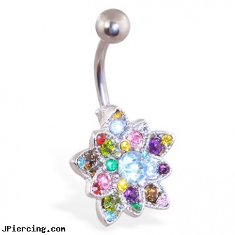 Small Multicolor Jeweled Flower Belly Button Ring, small navel rings, small eyebrow rings, small labrets, gold jeweled labret ring, jeweled belly rings
