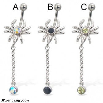 Spider belly button ring with dangling gem, spider belly jewelry, spider tongue rings, gold belly button rings, dallas cowboys belly ring, aerosmith belly rings