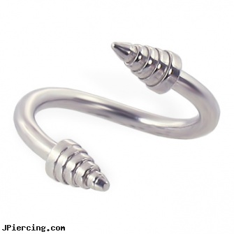 Spiral spike twisted barbell, 12 ga, ear spiral piercing, spiral piercing, spiral navel ring, labret spikes, steel spike nipple shields