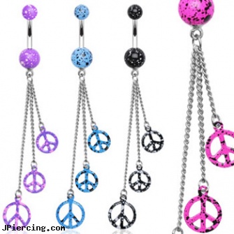 Splatter belly ring with dangling splattered peace signs, belly button piercing instructions, white gold belly ring, piercing belly buttons, how to penis ring, how long before removing earrings after first ear piercing