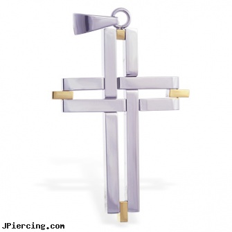 Stainless steel cross pendant with gold colored accents, 8-ga cbr or bcr stainless piercing 1-, body jewlery stainless steel, stainless steel cock rings, surgical steel jewelry, surgical steel navel rings