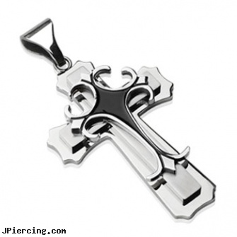 Stainless Steel Double Cross w/ Black Epoxy Gothic Top Cross Pendant, stainless steel nipple rings, navel jewelry surgical stainless steal internal thread, stainless steel triple cock ring, surgical steel navel rings, steel prong set labrets