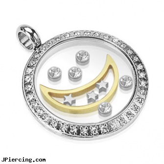 Stainless Steel Gemmed Round Glass Pendant with Floating Moon and CZ, buy stainless steel lip ring, navel jewelry surgical stainless steel internal thread, stainless steel triple cock ring, surgical steel prong set labrets, cold steel body jewelry