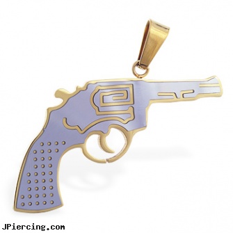 Stainless steel hand gun pendant with gold colored accents, surgical stainless steel body jewelry, titanium or stainless steel belly button rings, stainless steel rings, hand peircings, nipple body jewelry in handcuff design