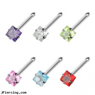Stainless steel nose bone with 3mm square gem, 20 ga, navel jewelry surgical stainless steal internal thread, stainless steel body jewelry, stainless steel chain az, steel jewelry, surgical steel body jewelry