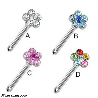 Stainless steel nose bone with jeweled flower, 20 ga, stainless steel cock rings, stainless steel cock ring, surgical stainless steel body jewelry, steel prong set labrets, cold steel body jewelry