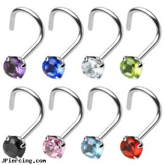 Stainless steel nose screw with 3mm gem, 18 ga, stainless steel rings, stainless steel piercing body jewelry, stainless steel cock rings, surgical steel flat disc nose stud, steel prong set labrets