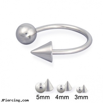 Steel ball and cone circular barbell, 16 ga, stainless steel nipple rings, 12 gauge steel ear plugs, stainless steel belly rings, small balled labret, ball belly ring