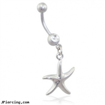 Steel belly ring with dangling starfish, industrial steel body jewellery, steel jewelry, 12 gauge steel ear plugs, belly button piercing procedure, infected belly piercings