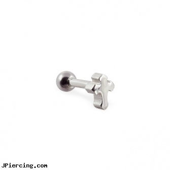 Steel cartilage barbell with cross top, 16 ga, steel prong set labrets, captive earrings unique steel, surgical steel nose stud, ear cartilage piercing pics, cartilage ear piercing