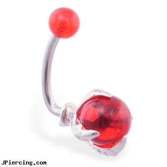 Steel claw navel ring with red UV ball, captive earrings unique steel, stainless steel nipple rings, navel steel belly button, labret claw jewelry, dangling navel ring