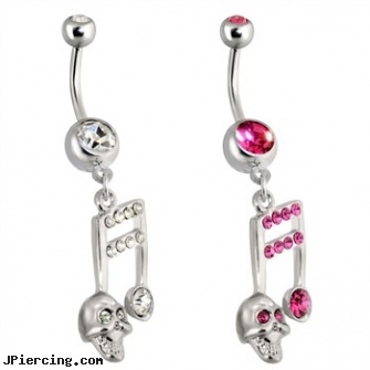 Steel Cz Paved Music Note Belly Ring with Skull, buy stainless steel lip ring, surgical steel nose stud, stainless steel cock ring, playboy bunny belly button rings, belly button piercing
