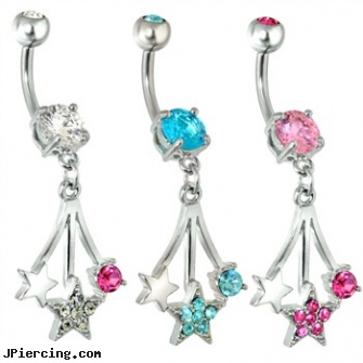 Steel Falling Stars Navel Ring with Gems, steel my heart jewlry, surgical steel nose stud, body jewlery stainless steel, pornstars with tongue rings, dangling nipple jewelry stars