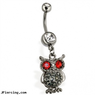 Steel Hematite Vintage Owl with Red Eyes, surgical steel nose stud, titanium or stainless steel belly button rings, stainless steel piercing body jewelry, hematite tongue ring, vintage jelly belly jewelry