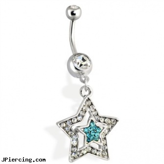 Steel Multi Paved Star Navel Ring Clear with Aqua Star in the center, surgical stainless steel navel jewelry, stainless steel rings, body jewlery stainless steel, multiple piercing spiral earrings, multiple ear piercing
