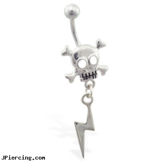 Steel skull belly ring with dangling lightening bolt, cold steel body jewelry, navel jewelry surgical stainless steel internal thread, surgical steel nose stud, skull shield piercing, skull navel ring