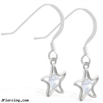 Sterling Silver Earrings with dangling CZ jeweled star, sterling silver navel ring, cheerleader belly rings titanium or sterling silver, sterling silver navel jewelry, silver nose rings, 22 gauge silver nose ring