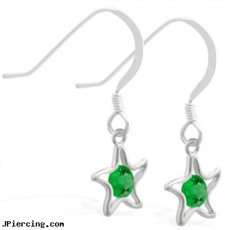Sterling Silver Earrings with dangling Emerald jeweled star, sterling silver starter studs, sterling silver navel ring, sterling silver navel jewelry, silver moon body jewelry, silver nose stud