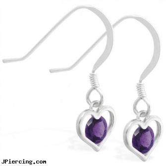 Sterling Silver Earrings with small dangling Amethyst jeweled heart, disney charms sterling silver, sterling cock ring, sterling silver nose rings, 22 gauge silver nose ring, silver jewelry