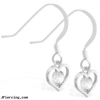 Sterling Silver Earrings with small dangling CZ jeweled heart, sterling silver navel jewelry, cheerleader belly rings titanium or sterling silver, sterling silver naval rings, silver non piercing jewelry, silver moon body jewelry