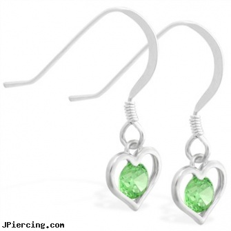 Sterling Silver Earrings with small dangling Peridot jeweled heart, sterling silver nose rings, sterling silver starter studs, sterling silver jewellry, silver jewelry, silver moon body jewelry