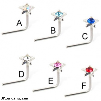Sterling silver L-shaped nose pin with jeweled star, 20 ga, sterling silver nose studs, sterling silver navel jewelry, disney charms sterling silver, adjustable silver cock ring, flower shaped labret jewerly