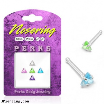 Sterling silver nose pin pack with triangle assorted colored gems, 20 ga, sterling silver navel jewelry, sterling silver starter studs, sterling silver nipple rings, hot silver body jewelry, silver nipple ring