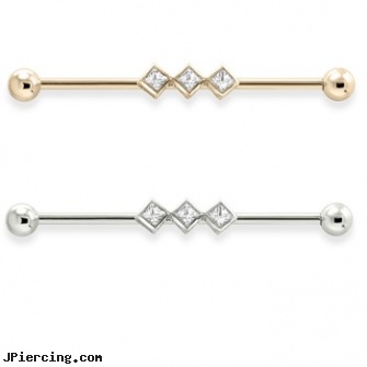 Straight Barbell With 3 Square Bezeled Set Gems, internally threaded straight barbells, straight pin nose rings, straight barbell clear retainer, tongue barbells penis, barbells and body piercings