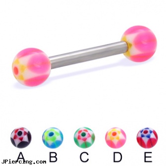 Straight barbell with acrylic star balls, 12 ga, straight barbell clear retainer, straight onyx plugs, straight nose stud, industrial piercing barbells, tongue piercing barbell