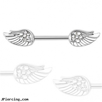 Straight Barbell With Angel Wings, PAIR, straight nose stud, gold plated straight barbell eyebrow jewelry, straight onyx plugs, 16 ga circular barbell body jewelery, eyebrow piercing barbells